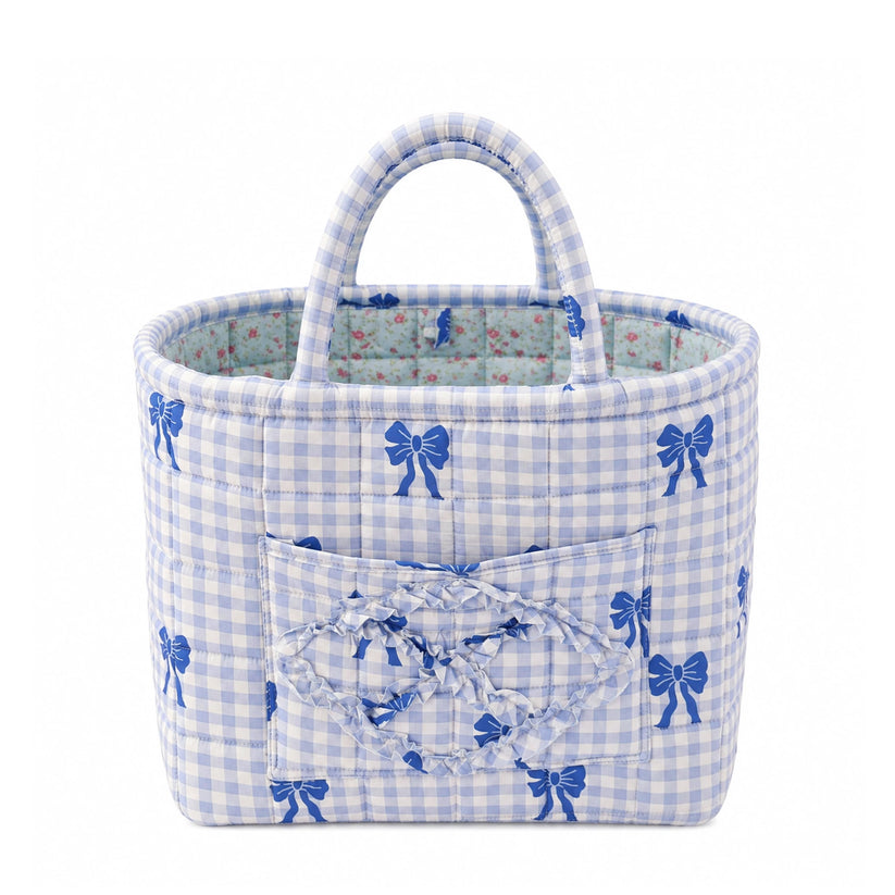 Quilty blue gingham bow quilted storage basket