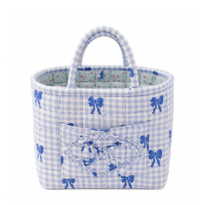 Quilty blue gingham bow quilted storage basket