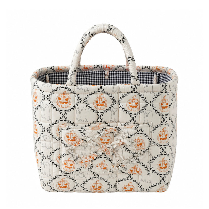 Quilty cream floral quilted storage basket with orange accents